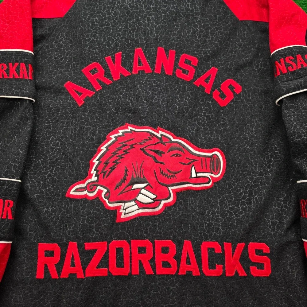 Vintage Arkansas Razorbacks Warmup Jacket Mens Large/XL Red Black Crackle Print